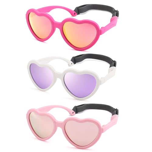 Hycredi Kids Heart Sunglasses for Girls - TPEE Rubber Flexible Toddler Polarized Sunglasses with Strap Age 2-8