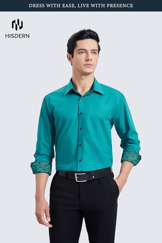 Image of HISDERN Mens Business Dress Shirts Long Sleeve Casual Button Down Shirt Formal Inner Collar Contrast Shirt for Men Wedding