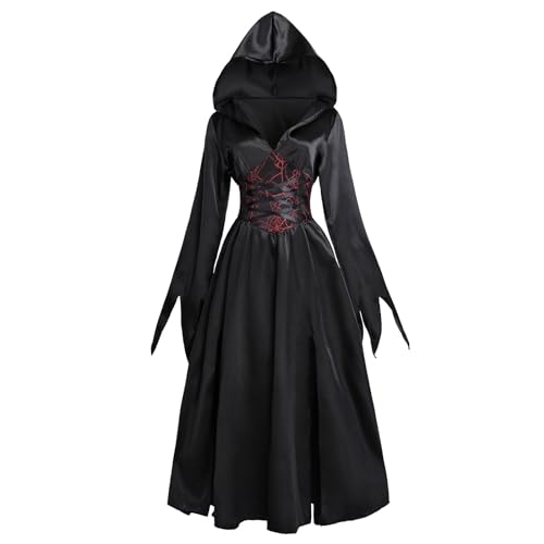 NSPSTT Fantasia de bruxa para mulher, vestido medieval com capuz para Halloween, fantasia de vampiro, fantasia de Halloween para adultos, tamanho L