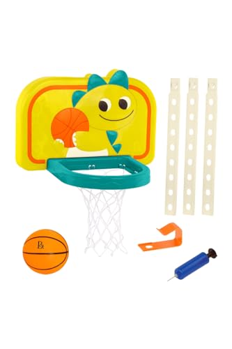 Image of B. toys Hanging Basketball Net, Adjustable Dino Hoop, Dinosaur Dribble | Door-hanging basketball net with mini ball, air pump, foldable hoop, and height extenders for indoor active play, 3+ Years