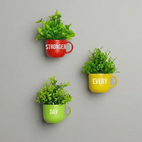 Dekorly Colorful Wall-Mounted Mug Planters with Faux Greenery(20 CM)- Wall Decorative Pots for Vibrant Home & Office Decor| (3, Stronger Every Day)