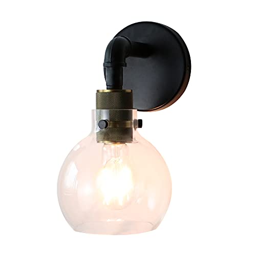 Image of MONKFISH Wall Light, Industrial Metal Style Wall Lamp Fixture, 1-Light Wall Sconce with Clear Glass Ball Shade for Bathroom Bedroom Stair Cafe, E26 Base (Thin Tube)
