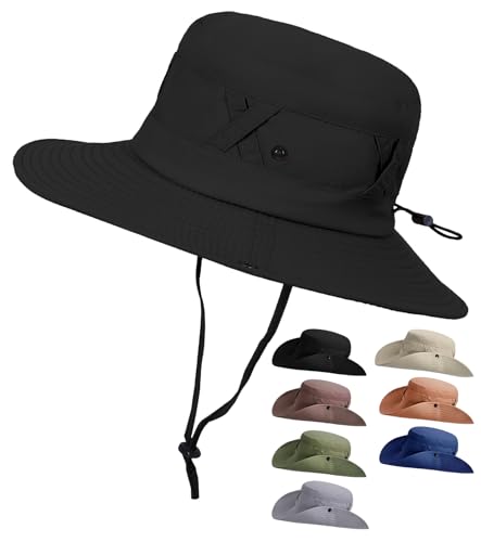 [Lhyxuuk] サファリハットメンズ 帽子 UVカット 通気 小顔 撥水加工 完全遮光 紫外線対策 日焼け防止 メッシュ 撥水 軽量 折りたたハット 通気速乾性 防風あごひも サイズ調節 持ち運べ 登山 釣り ハイキング ガーデニング 自転車 洗濯可能 (JP, 数字サイズ, 55.0 cm, 60.0 cm, ブラック)