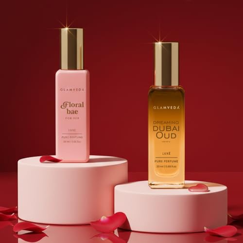 Image of Glamveda Valentine Luxury Perfume Couple Gift Set | Floral Bae & Dubai Oud Long Lasting 2x20ml | Valentine Day Gift for Her & Him | Floral, Fruity & Oud Premium Pure Perfume for Man & Woman