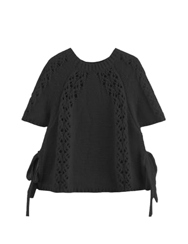 Knitted Tops Short Sleeve Sweater for Women Lace Up Crew Neck Crochet Tops Hollow Out Pullover Shirts(Black-S)