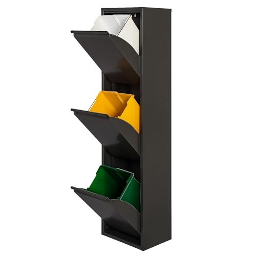 WELL HOME FURNITURE & DECORATION Pattumiera e cestino per il riciclaggio in metallo 3 scomparti, 3x17L (51L) Nero opaco