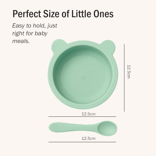 Image of Silicone Baby Feeding Bowl and Spoon Set for Babies with Suction Base, BPA-Free, Non-Slip, Safe for Infants and Toddlers Mealtime (Light Green)