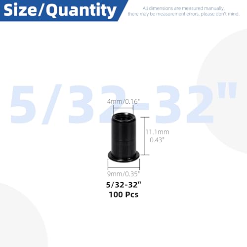 Glarks 100Pcs 5/32"-32UNC Kit d'écrous de rivet en acier au carbone plaqué noir Rivnut fileté en acier inoxydable