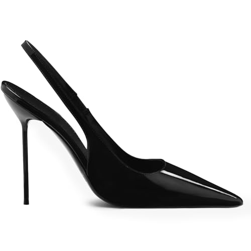 Pointed Closed Toe Slingback High Heels for Women Stilettos Stretch Slip-on Pumps Patent Leather Elegant Party Dressy Shoes, Size 6-11