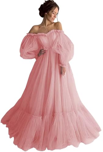 Puffy Sleeve Tulle Prom Dresses 2025 Long Lace Ball Gown Off Shoulder Formal Dresses for Women Evening Party