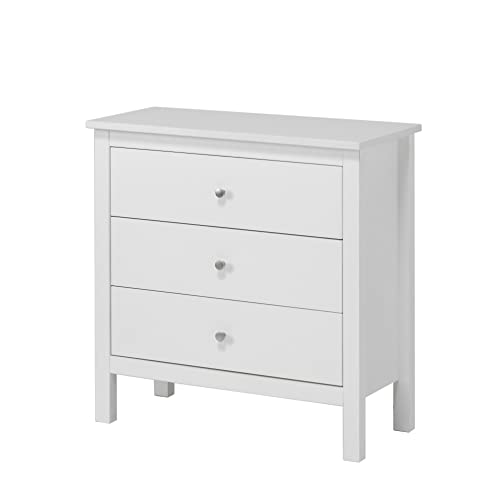 hagge home Cómoda de madera escandinava con 3 cajones, aparador, cómoda de tienda, armario auxiliar para pasillo, salón, dormitorio, 75 x 37 x 75 cm, color blanco Cover
