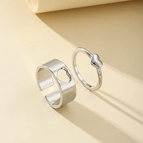 Image of COLORFUL BLING 2Pcs Dinosaur Mushroom Love Heart Matching Band Knuckle Rings Set Hollow Out Open Adjustable Stackable Animal Party Promise for Him Her Couple Wedding Jewelry