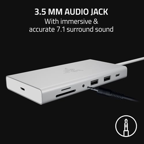 Image of Razer USB C Dock (Mercury White) Docking Station, 11-Port Design, USB-C Port, USB-A Port, Gigabit Ethernet Port, HDMI Port, UHS-I SD /MicroSD Card Slot, 3.5mm Audio Composite Jack, U-S-B Sea Dock