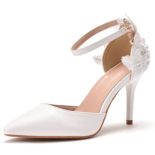 FNKPI Zapatos de Novia para Mujer, Sandalias de tacón de Aguja con Temperamento Puntiagudo, Zapatos de Dama de Honor, para Bodas, Fiestas, Bailes, escenas de Lujo,Blanco,34 EU