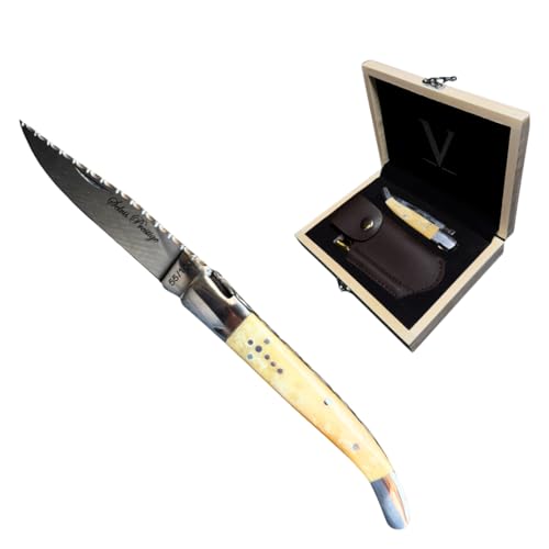 Couteau Pliant Tradition Française Type Laguiole – Fait Main - Artisanale - Manche En Os De Chameau – Étui En Cuir - Affuteur et Coffret en Bois -...