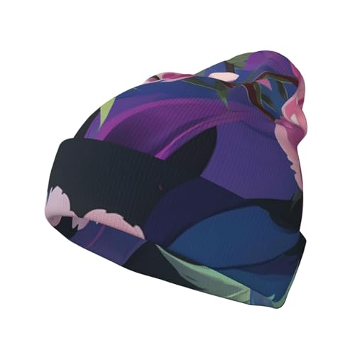 Gorro de punto estampado de peonía, cálido y cómodo, resistente al viento y transpirable para estaciones frías, color negro
