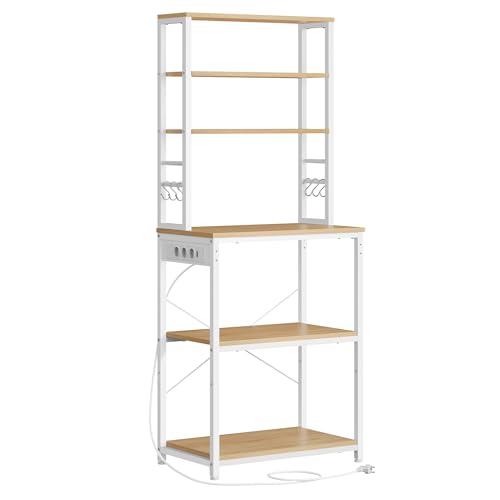 VASAGLE Scaffale da Cucina con Ciabatta, Supporto per Forno a Microonde, Portaoggetti a 6 Ripiani con 6 Ganci per Bar, in Acciaio, 40 x 60 x 167 cm, Rovere Dorato e Bianco Nuvola KKS124Y01