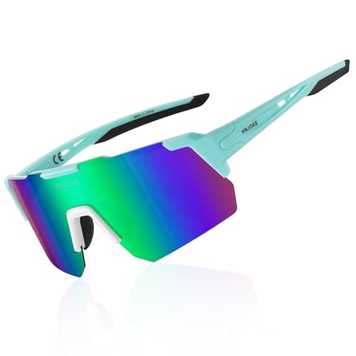 HNJOKE Gafas de sol polarizadas para ciclismo, gafas de sol deportivas UV 400 para hombres y mujeres, lentes de sol polarizados, Azul claro y verde, Talla única