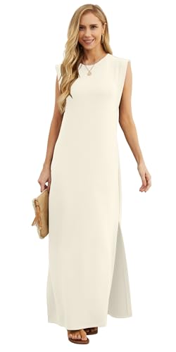 Image of GRECERELLE 2026 Women Year-Round Casual Round Neck Loose Split Wrinkle-Free Long Maxi Vacation Dress with Pockets (XXS-4XL)