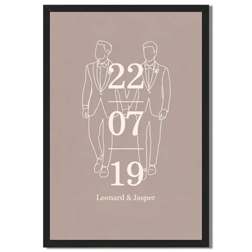 Minimalist Gay Wedding Poster Canvas Art Print, Modern Couple Illustration Personalized Date Artwork for Bedroom Living Room Decor, Romantic Custom Wall Art Gift (Black Framed,12”LX16 W)
