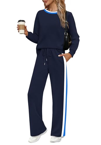 WIHOLL 2 Piece Lounge Sets for Women Long Sleeve Tops Wide Leg Sweatpants Sweatsuits with Pockets3