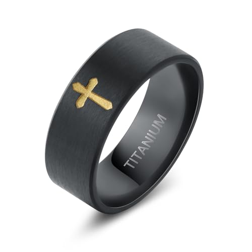 Cross Rings for Men, Premium Pure Titanium Rings for Men Lord Jesus Christian 8MM Black Silver Mens Wedding Ring Comfort Fit Matte Size 6-13