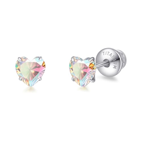 Limerencia Heart Birthstone Screw Backs Earrings G23 Implant Grade Titanium Stud Earrings 20G Hypoallergenic Cubic Zirconia Tragus Piercing Post for Sensitive Ears