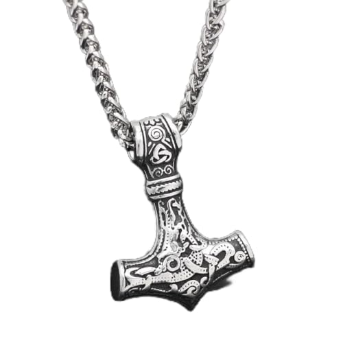 Multibao Men Women Viking Thors Hammer Pendant Necklace Mjolnir Nordic With 50cm Silver Steel Keel Chain