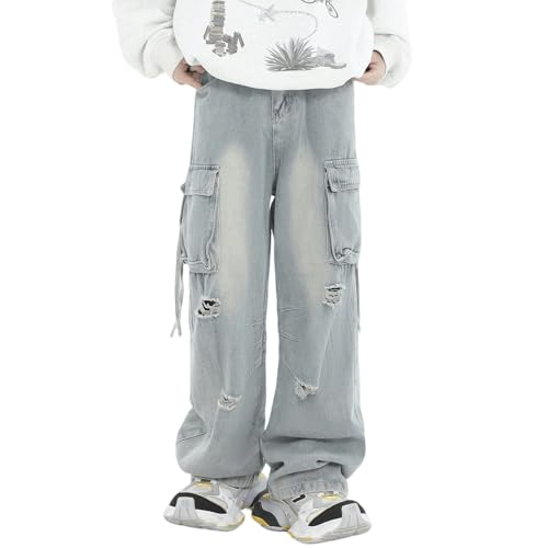 Baggy Denim Cargo Pants for Men Straight Wide Leg High Waist Ripped Fashion Boyfriends Jeans with Pockets