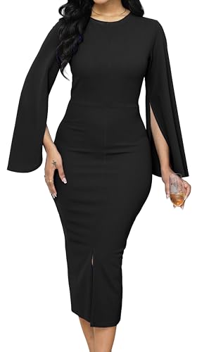 Women Church Dresses Bodycon Work Dress Bell Long Sleeve Round Neck Business Pencil Dresses