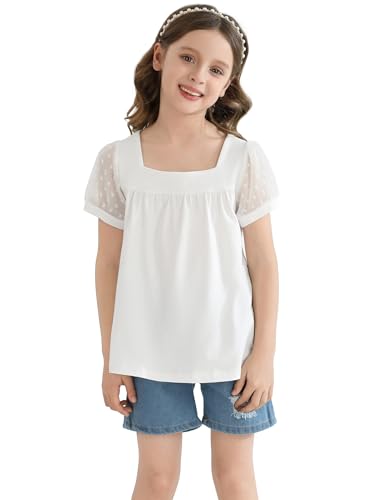 Girls Shirts Puff Short Sleeve Tunic Tops Pleated Square Neck Loose Blouse for Girl Summer Casual Blouse Tee2