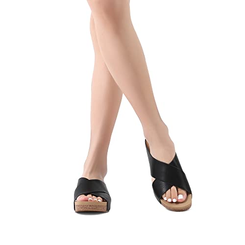 DREAM PAIRS Women's Cork Slide Sandals Slip on Open Toe Cute Platform Criss Cross Flat Sandals for Summer,Size 6,Black/PU,SDSS2218W