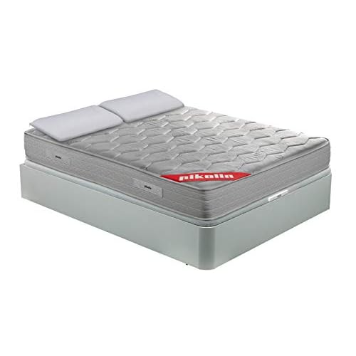 PIKOLIN Pack Colchón viscoelástico Espuma HR 150x190, canapé Base abatible Blanco con Dos Almohadas de Fibra, Incluye Subida a Domicilio, Montaje y Retirada de Usado