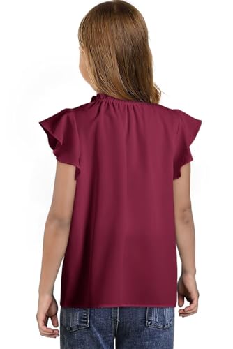 Image of DOKOTOO KIDS Girls Short Sleeve Blouse Dress Shirt Top Size 7-15 Years Old | None Elastic Fabric, Ruffle V Neck, Pull on, Solid Collared Formal, Flowy Casual Flutter Spring Summer Western Top