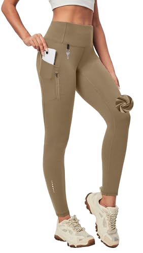 Heathyoga Fleece Lined Leggings Women with Pockets Thermal Winter Pants | Water Resistant, 2 Side Pockets & 1 Zippered Pocket, High Waist, All-Day Comfort, for Cold Weather, Hiking, Running, Walking