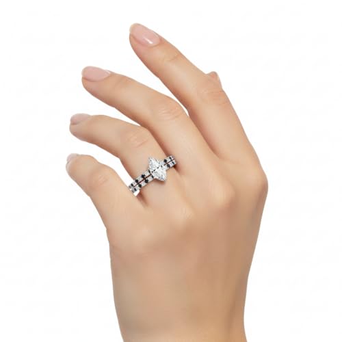 Image of Choose Your Gemstone Three Quarter Diamond CZ Gallery Bridal Ring Set 925 Sterling Silver Marquise Shape Wedding Ring Sets for WomenUS Size 4 to 12