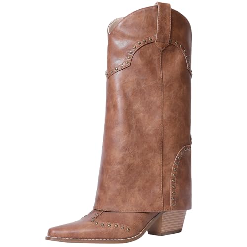 RONILURN Women Shark Boots Fold Over Mid Calf Chunky Heel Snip Toe Cowboy Cowgirl Pull On Studded Boots for Women