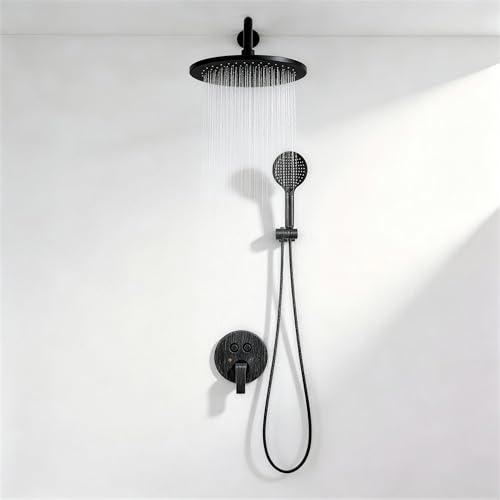 Set de Ducha Eléctrica VANCOCO Negro con Cabezal Redondo de 10 Pulgadas y Rociador de Mano - Sistema Completo de Ducha de Montaje en Pared con Válvula y Accesorios Incluidos (Negro Mate) miniatura 1