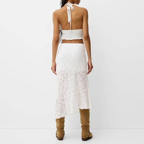 Womens Summer Lace Maxi Skirt Elastic Waist See Through Asymmetric Hem Beach Cover Up Floral Long Skirt4