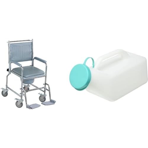 Image of NRS Healthcare M66119 Wheeled Commode/Over Toilet Chair with Padded Seat and Back - Height Adjustable & G47469 Male Urinal Bottle