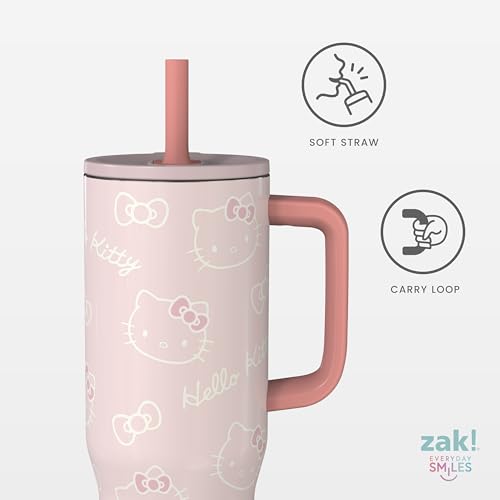 Image of Zak Designs Hello Kitty 30oz Spill-Proof Insulated Stainless Steel Tumbler | BPA Free, Silicone Straw, Handle, Cupholder Friendly, Dishwasher Safe, For Office, Home, Travel, Work, Gym Fitness