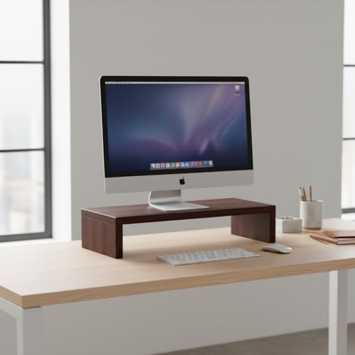 Image of flux Monitor Stand Wooden | Monitor Stand Riser | PC Stand For Desktop Table | , Non Slip, Material: Particle Board Wooden Walnut Brown
