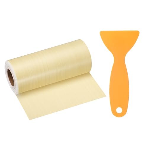 Image of HARFINGTON Wood Grain Repair Tape 4 Inch x 33ft Self Adhesive Repair Patch Tape Simulated Wooden Floor Tapes with Plastic Scraper for Tables Doors Windows Furniture, Yellow Fir
