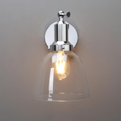 Image of PERMO Industrial Vintage Wall Sconce Chrome Wall Sconce with 6.7 inch Oval Dome Clear Glass Shade Light Lamp Fixture