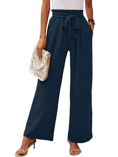 Women's Wide Leg Palazzo Pants Casual High Waist Adjustable Tie Knot Lounge Pants Pockets Loose Beach Trousers