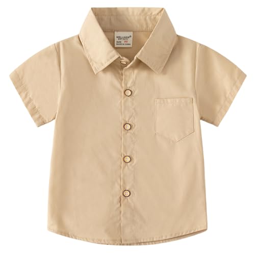 HahaNice Toddler Boys' Short Sleeve Dress Shirts Cotton Casual Button Down Shirts for Little Boy(Khaki, 4T)