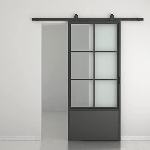 Image of 42 in. x 84 in. 3 /4 Lites Frosted Glass Black Steel Frame Interior Barn Door with Sliding Hardware Kit and Door Handle