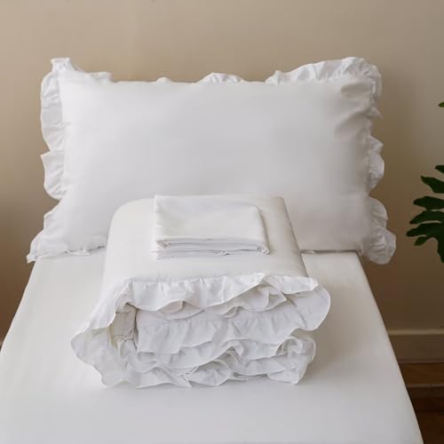 Image of CLOTHKNOW 4Pieces White Ruffle Toddler Bedding Sets for Girls Comforter | Soft Crib Bed Sets, All Season, Farmhouse Comforter Sets