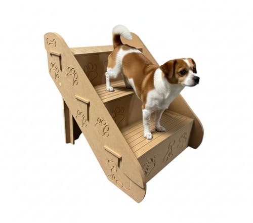 3 Step MDF Foldable Dog Stairs for Bed, Couch Furniture, 42.5cm Tall, 40cm Wide, 47cm Deep, Pet Steps with Paw Print Design