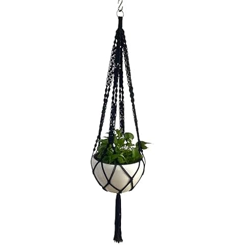 Hanpo Black Cotton Rope Macrame Plant Hangers Hanging Planters 4 Legs 59 Inch for 12-13 inch Plant Pot, Without Pot and Plant (Black-Cotton) Cover